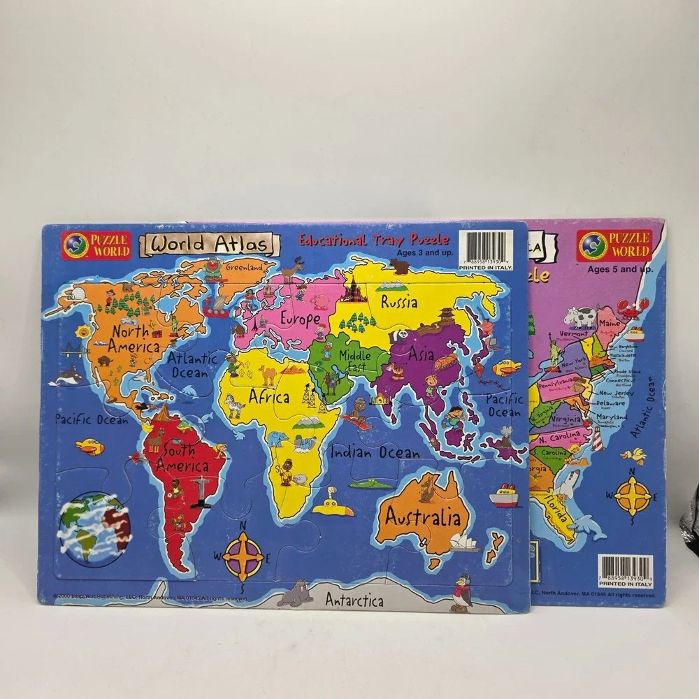 Puzzle‎ World Tray Puzzle Kids Multicolor Geography World Atlas USA Map Vintage